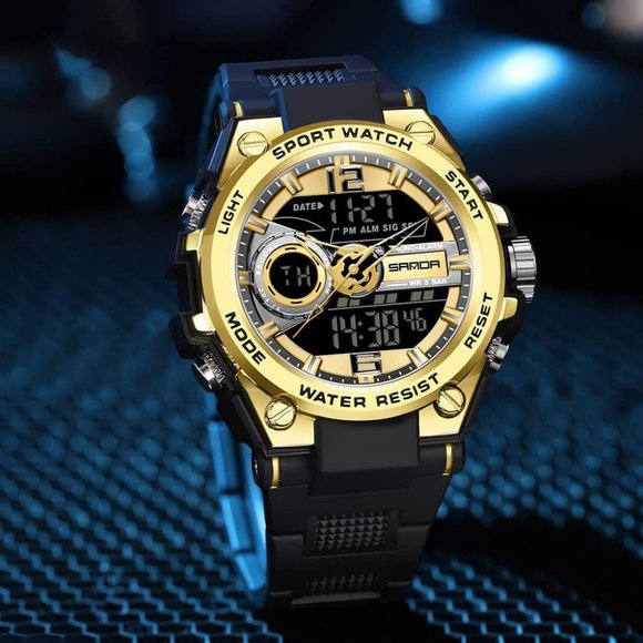 KXAITO Men's Black and Golden LED Alarm Stopwatch Waterproof Military Watch - Picture 2 of 6